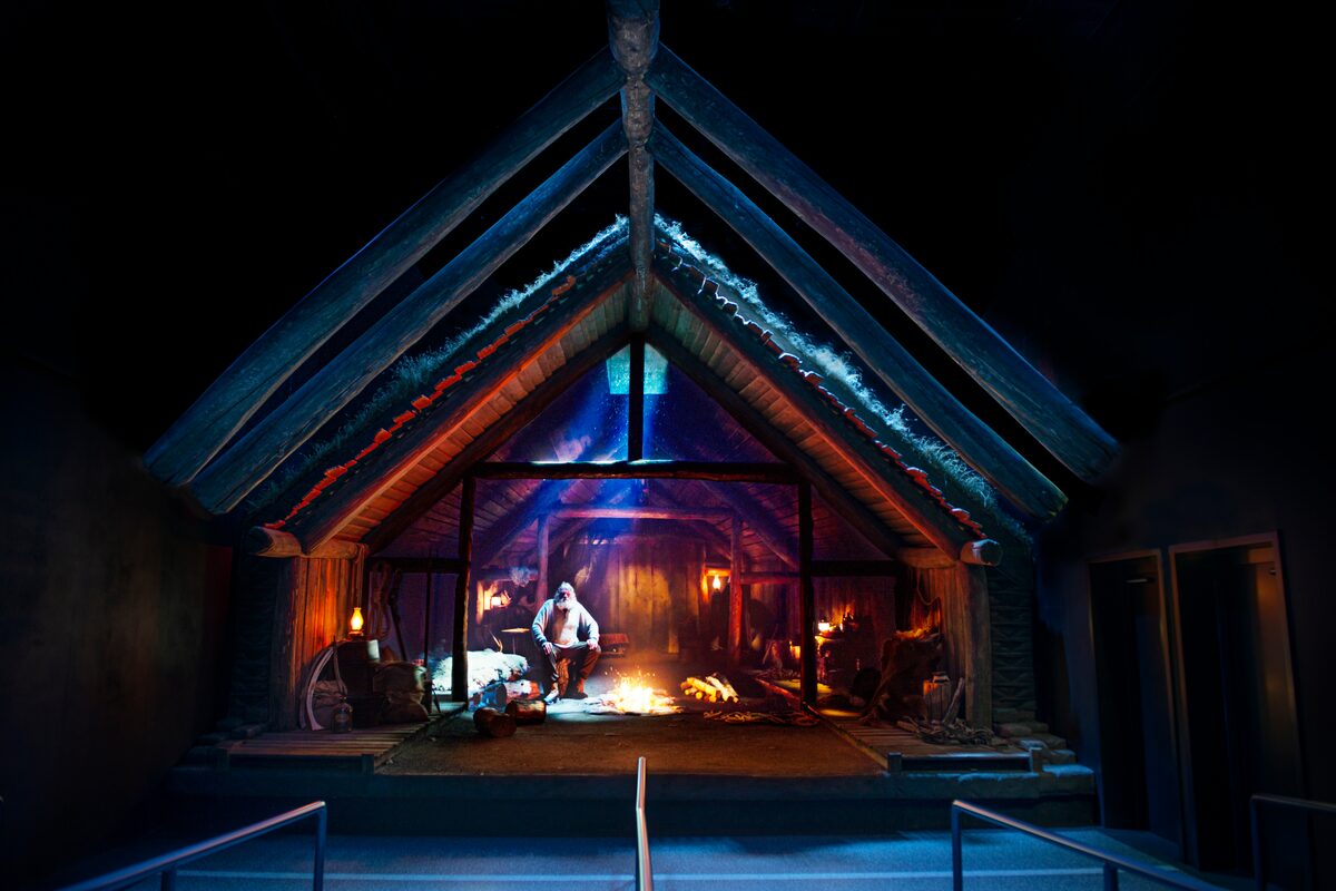 Diorama of a Viking house at night