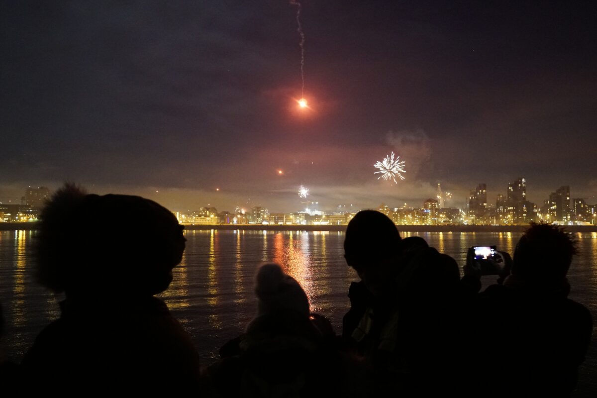Silhouetted people watching fireworks over a city skyline and water.