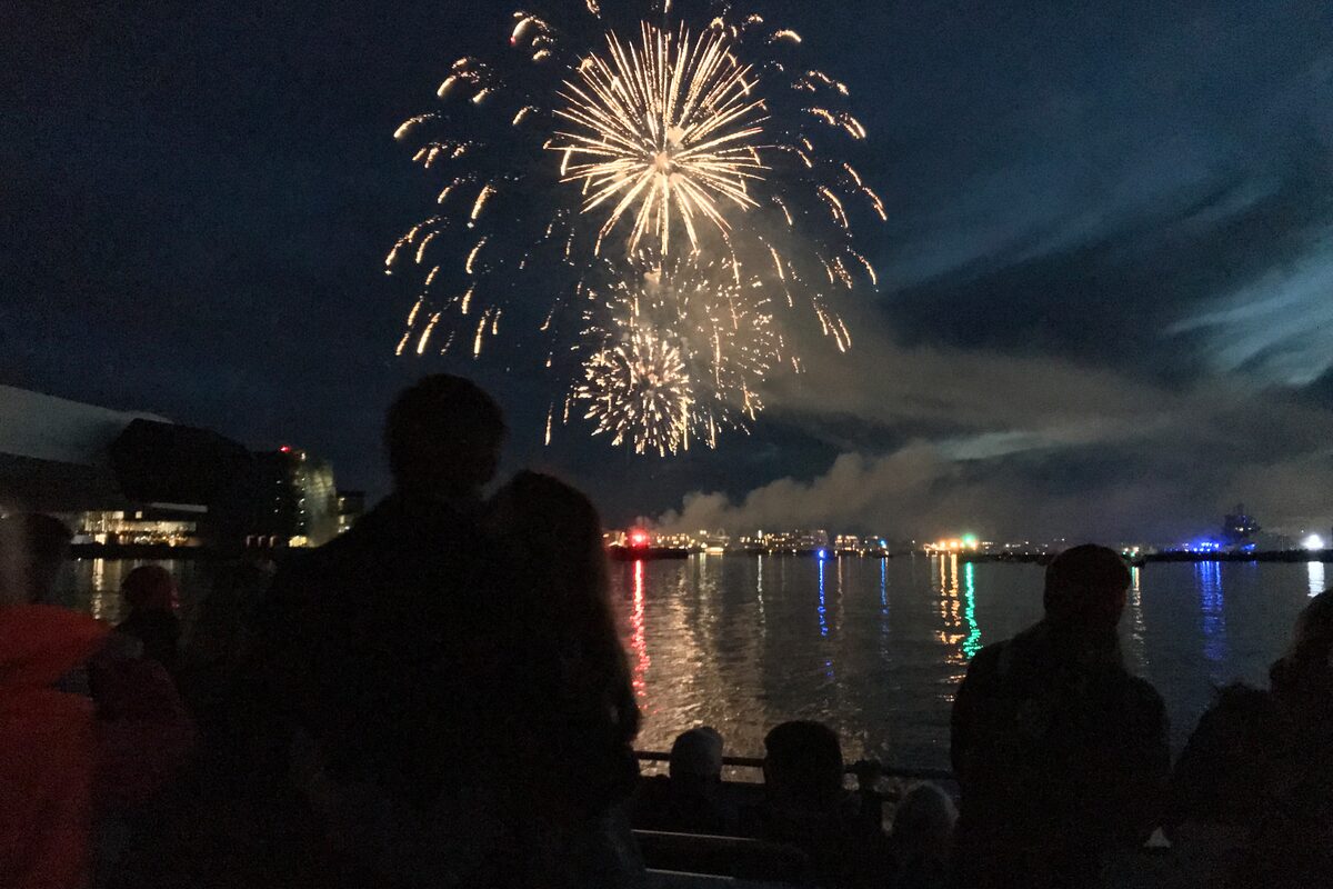 Fireworks exploding over water with silhouetted figures watching
