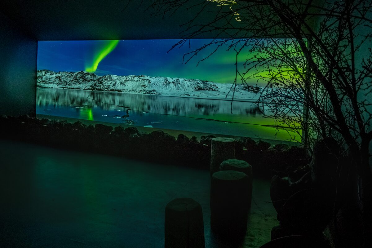 A dimly lit room features a large projection of the Northern Lights over a snowy mountain range, with tree silhouettes framing the scene.